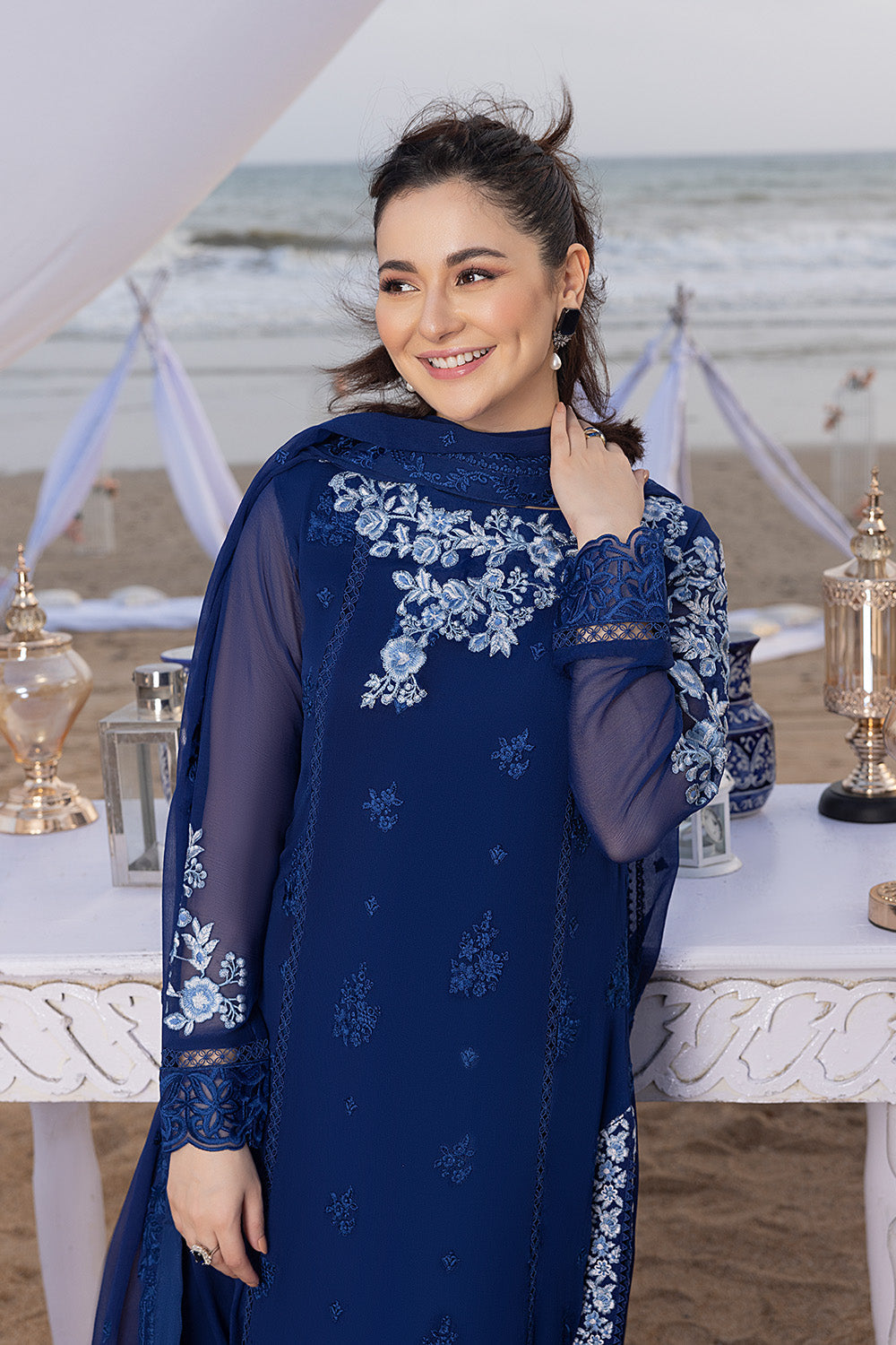 3 Piece Unstitched - Embroidered Chiffon Oraganza | Azure