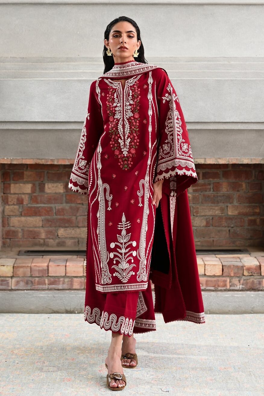 Zaib Red | Embroidered Luxury Lawn - 3 Piece Unstitched