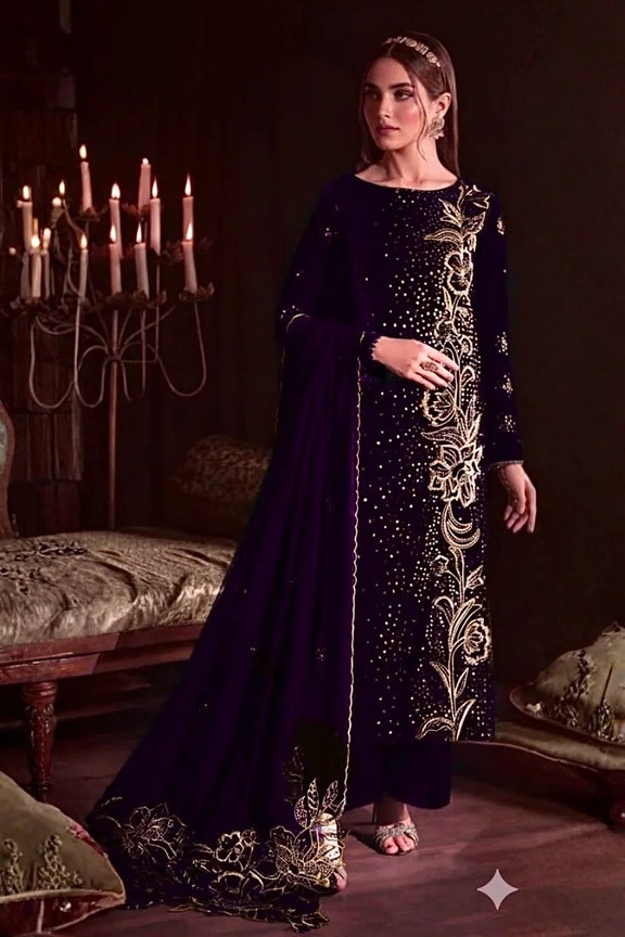 Luxury Purple Velvet By Iznik - 3 Piece Unstitched