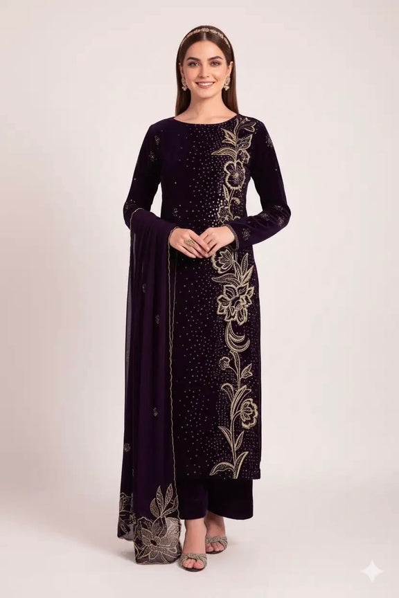 Luxury Purple Velvet By Iznik - 3 Piece Unstitched