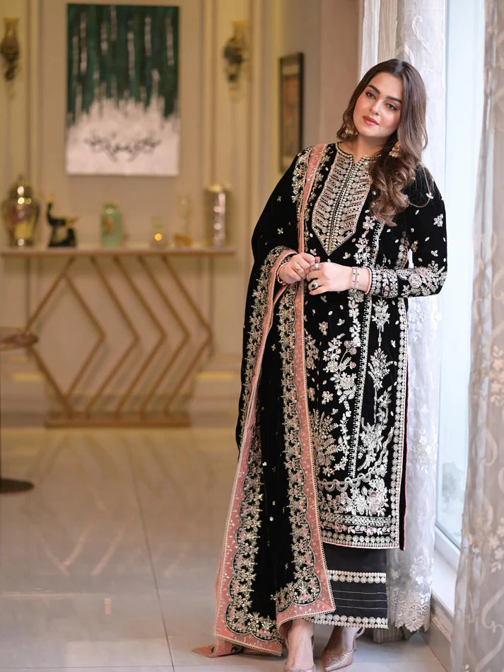 Jet Black by Aneela’s Embroidered Chiffon 3-Piece Suit