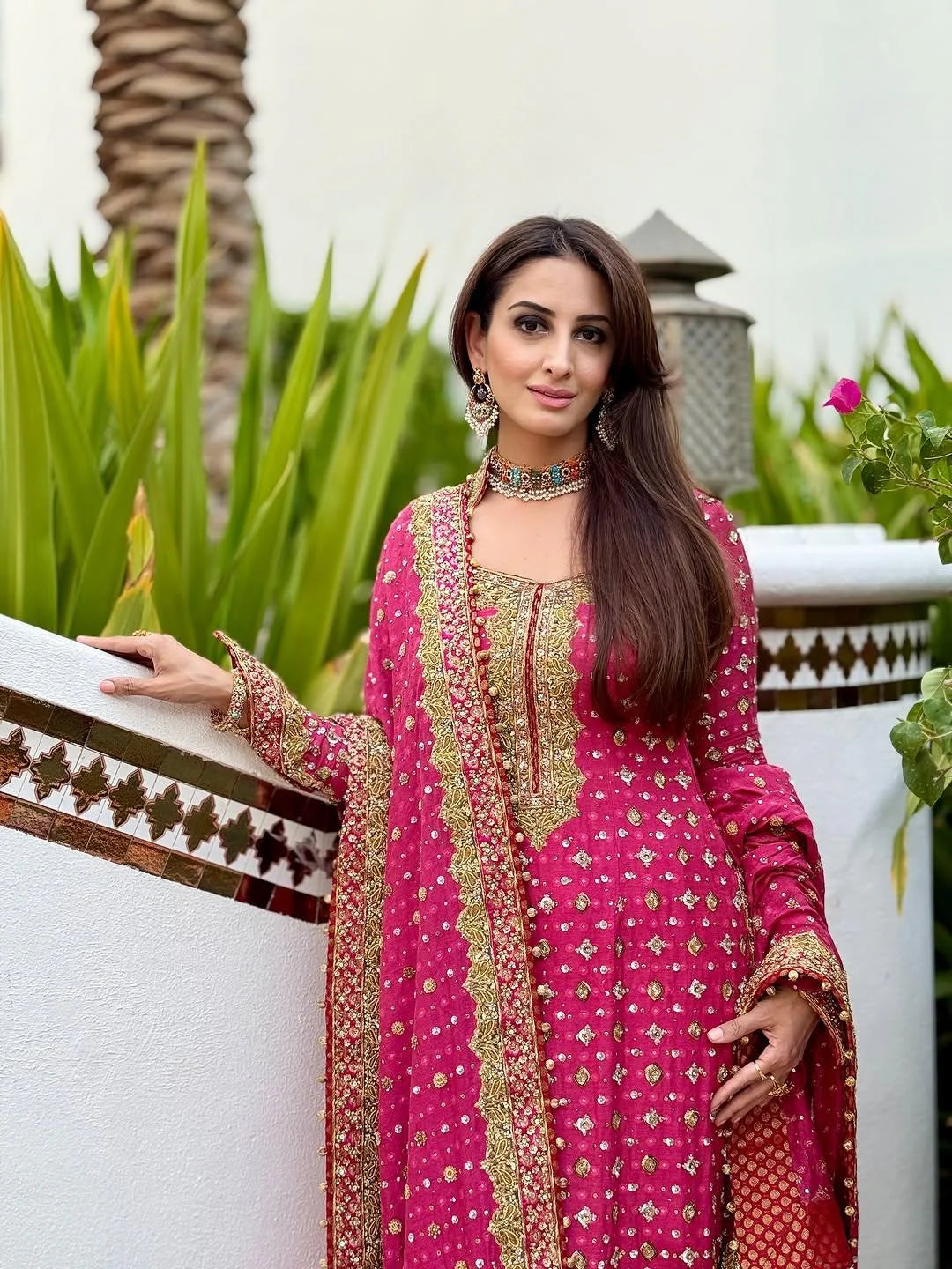 Shocking Pink Embroidered Chiffon 3-Piece Suit