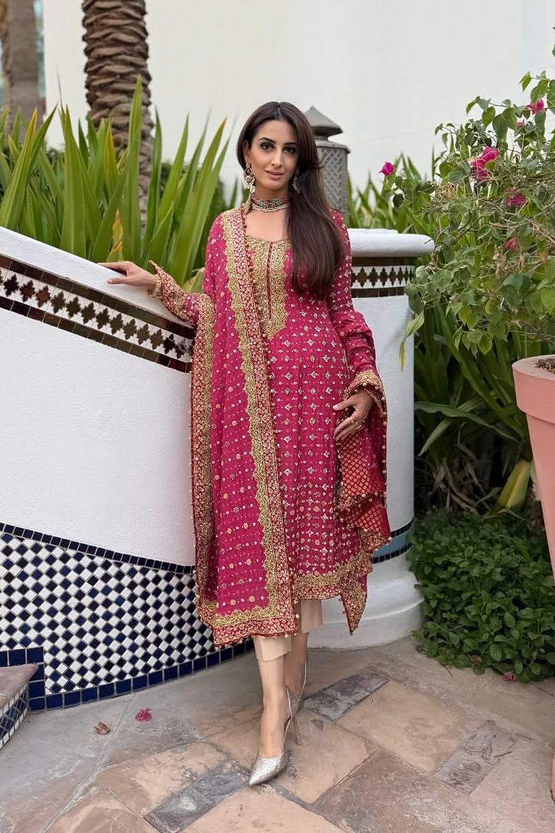 Shocking Pink Embroidered Chiffon 3-Piece Suit